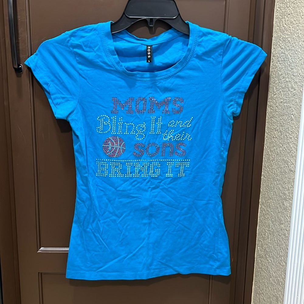 Custom cap sleeve T-shirt with rhinestones; fits like a small